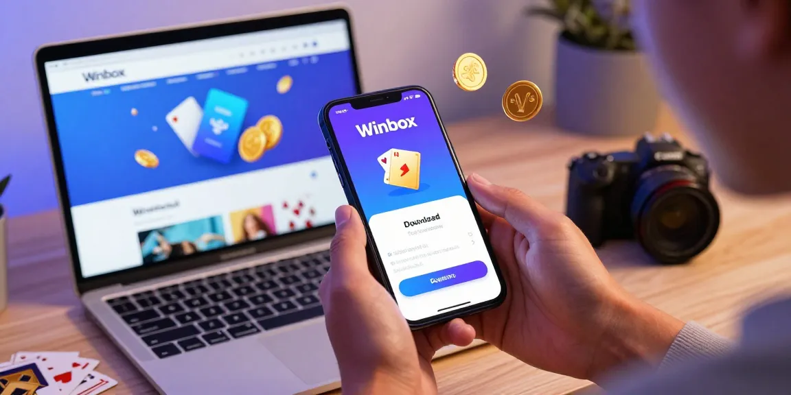 Winbox download process on smartphone with vibrant app interface and gaming elements.
