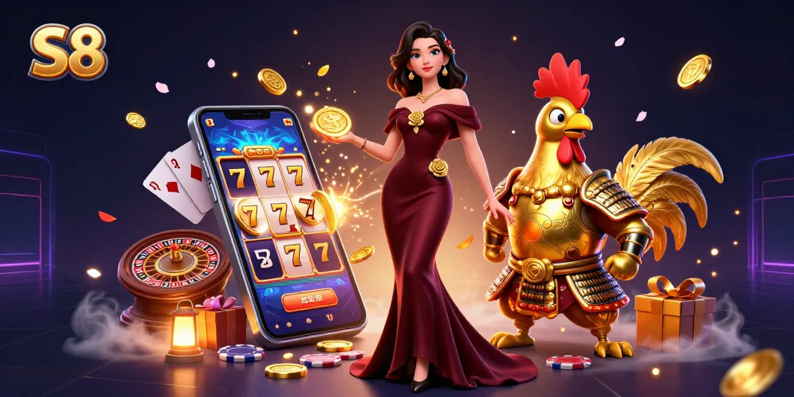 S8 casino illustration featuring a glamorous woman and a rooster warrior amidst vibrant games and golden coins.