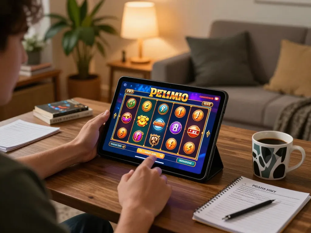 Engaging with Pragmatic Demo slot games on a tablet in a cozy home setting.