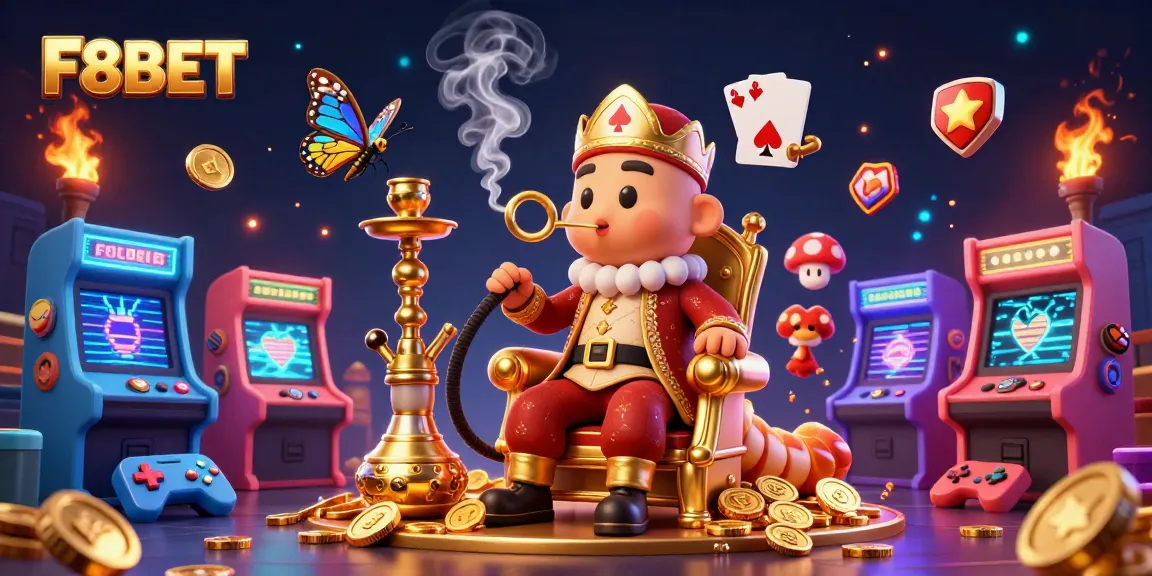 Experience thrilling games at F8BET with a vibrant casino scene featuring a caterpillar hookah-master.