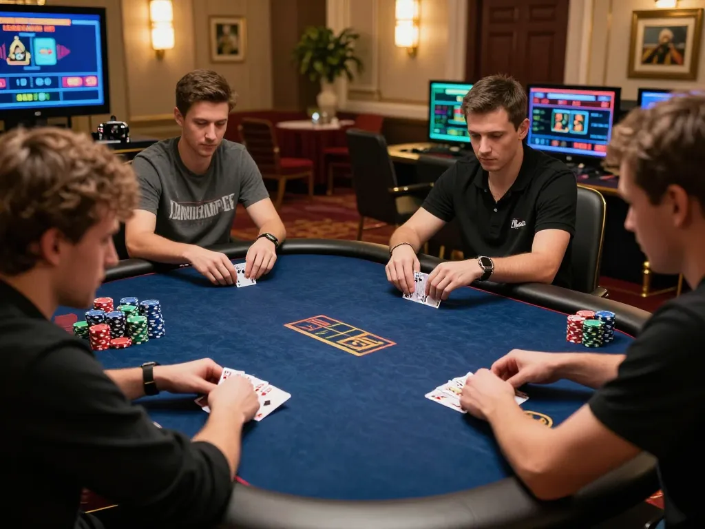 F168 players engaging in strategic online poker gameplay with a luxurious setting and dynamic atmosphere