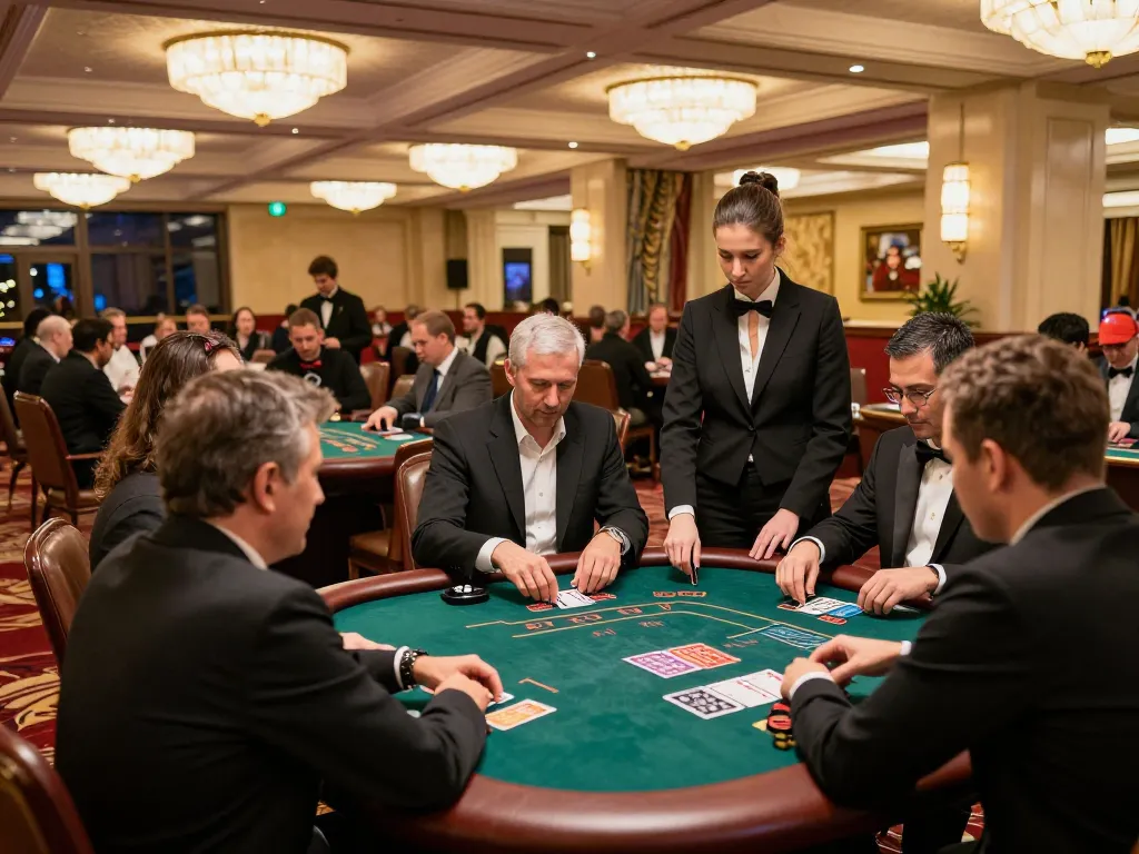 Engaging players test their skills at 98win's blackjack tables in an upscale casino setting.