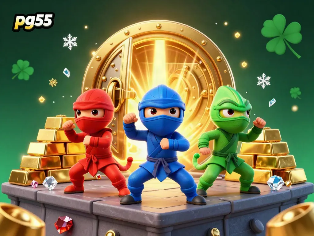 Engage with pg55's thrilling 3D chameleon ninjas showcasing synchronized martial arts amidst a vibrant treasure vault scene.