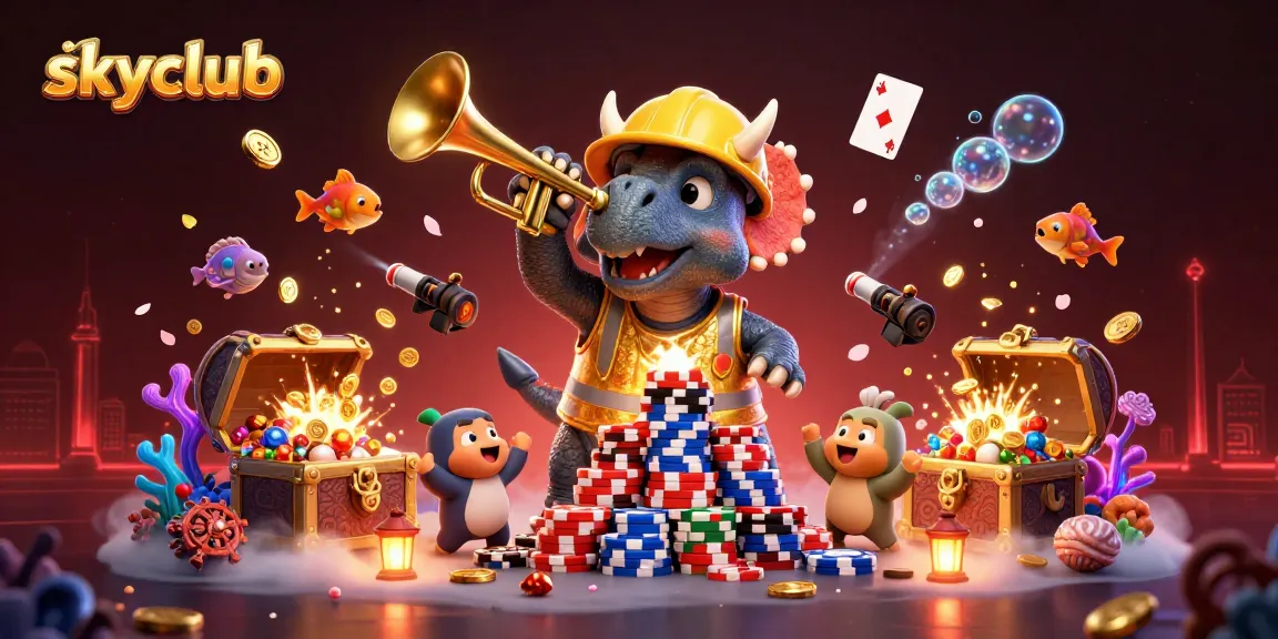 Join the Skyclub adventure, where 3D characters celebrate a jackpot with poker chips and underwater treasures.