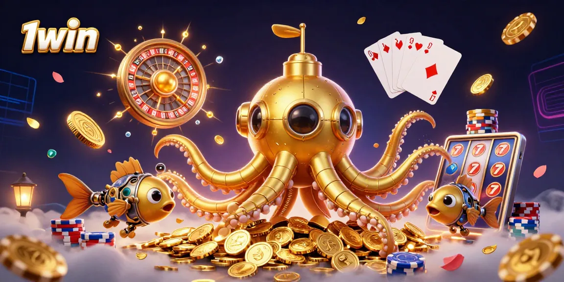 Experience thrilling wins at 1win with a golden kraken and vibrant casino elements.