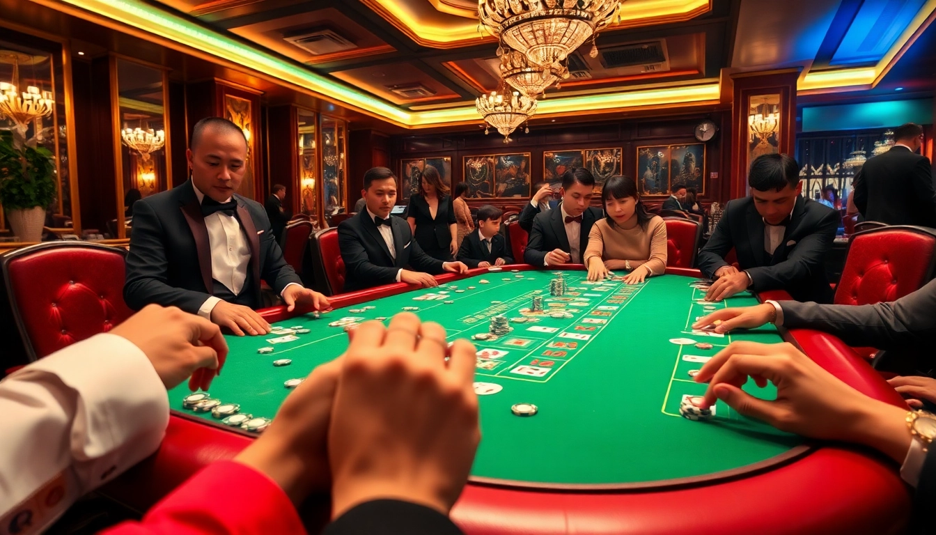 Cách Bắt Cầu Baccarat showcased in a thrilling casino scene with players and dealers at an elegant table.