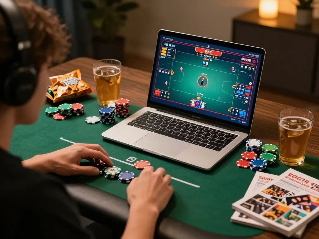 Engaging in online casino gaming with no hu strategies on display during a cozy home session.