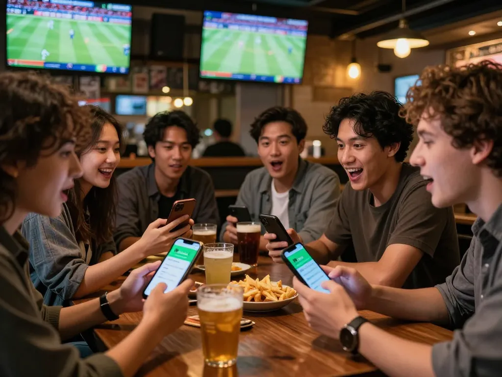 Friends excitedly engaging in kèo nhà cái betting strategies while watching a live sports match at a bar.