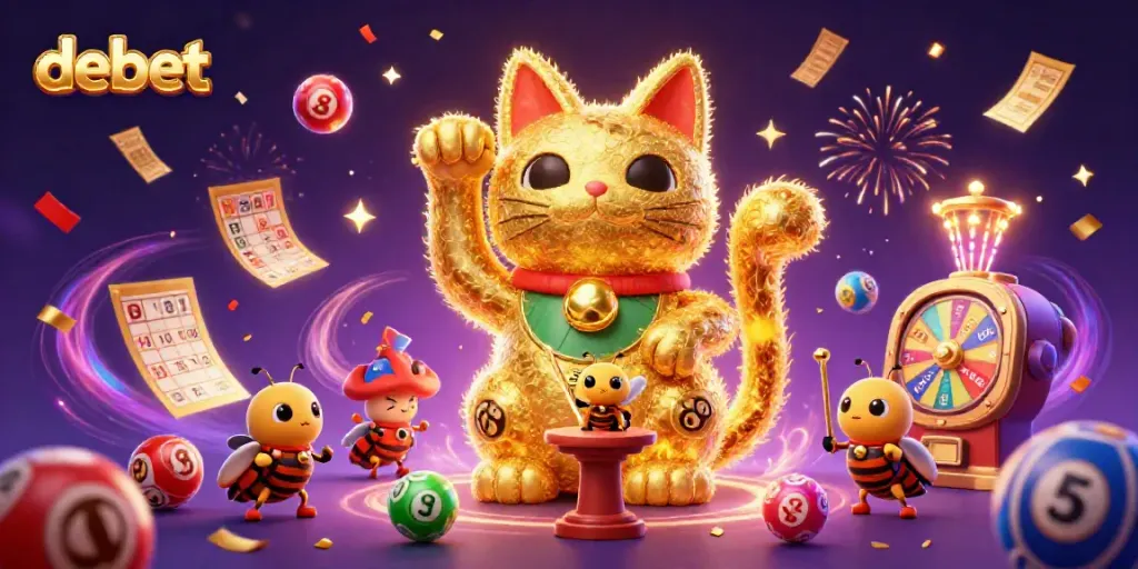 Experience the thrill with debet in this vibrant 3D casino illustration featuring a lucky cat and dynamic elements.