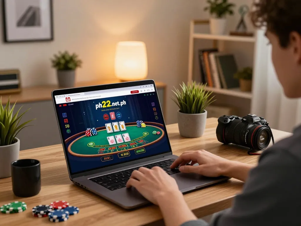 Player enjoying live casino games on ph22.net.ph, showcasing a cozy home gaming setup.