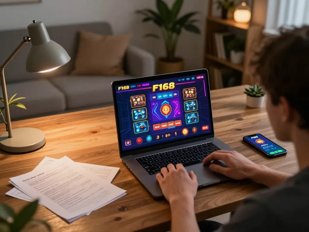 Player engaging with the F168 online casino interface while surrounded by cozy home decor.