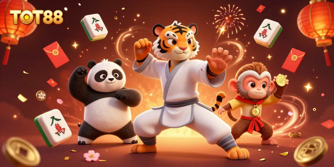 Experience the thrill of TOT88 as a kung fu tiger master and friends celebrate with casino game elements.