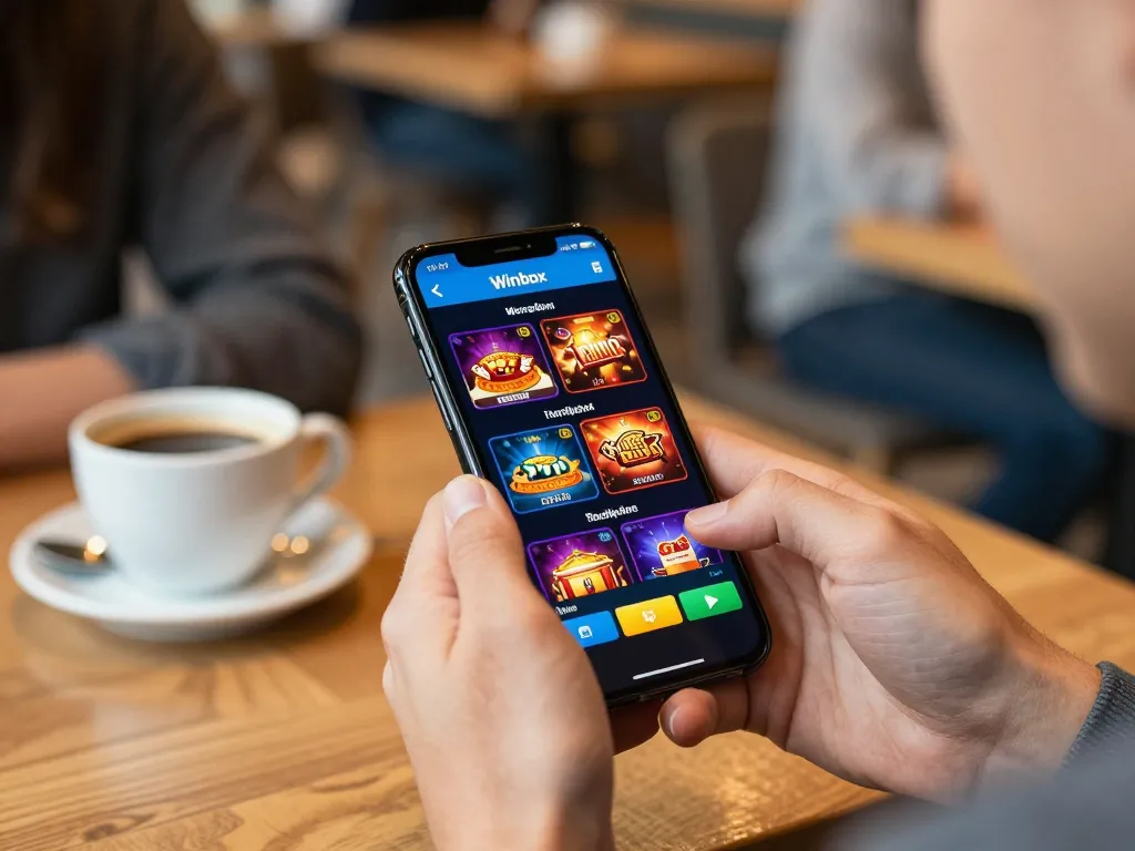Playing Winbox apk download on a smartphone shows vibrant casino options in a café.