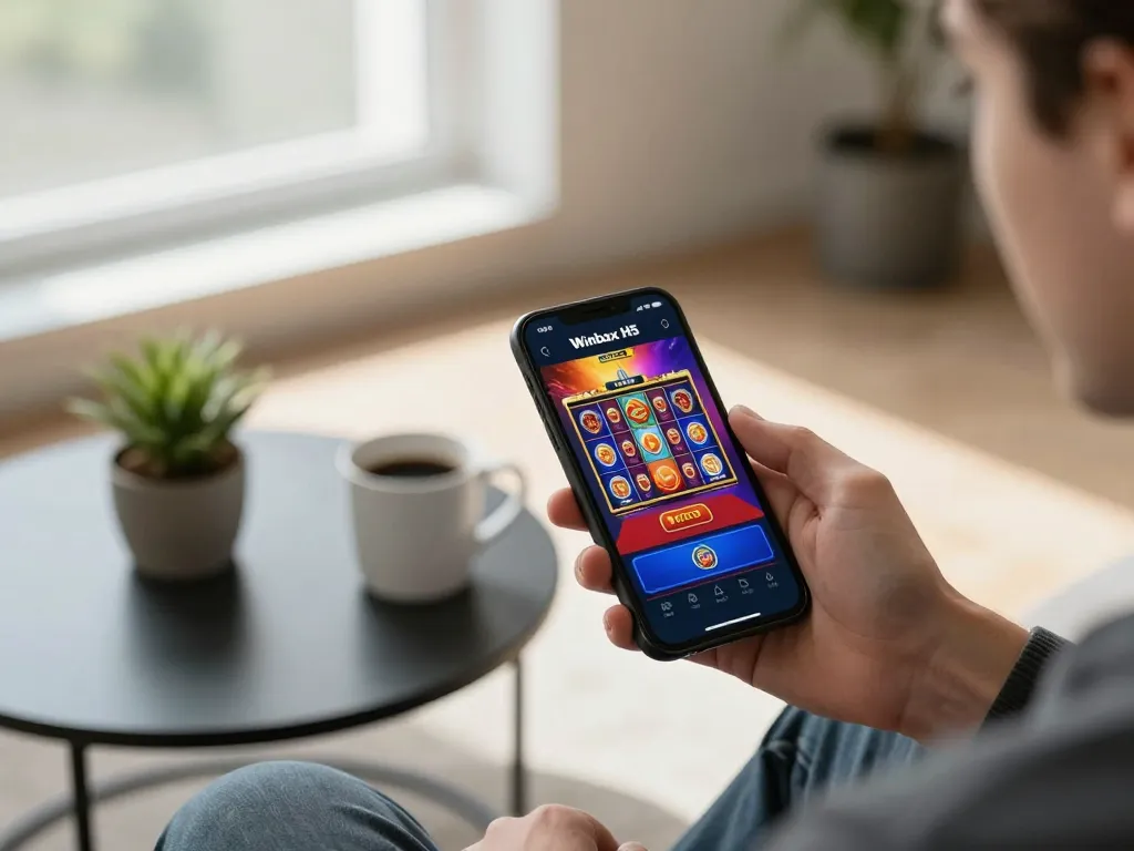 Engaging with Winbox H5 casino app on smartphone, showcasing lively slots interface and immersive gaming.