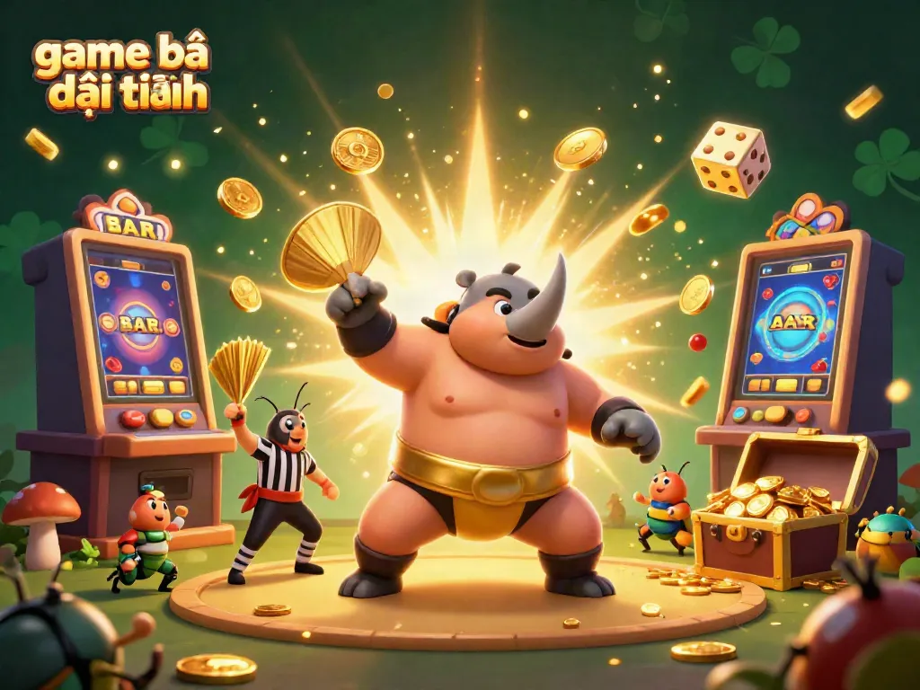 Experience thrilling game bài đổi thưởng as beetle champion sends coins flying in a dynamic casino scene.