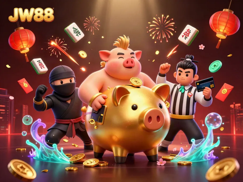 Engage with JW88's vibrant casino world featuring colorful characters and gold coins.