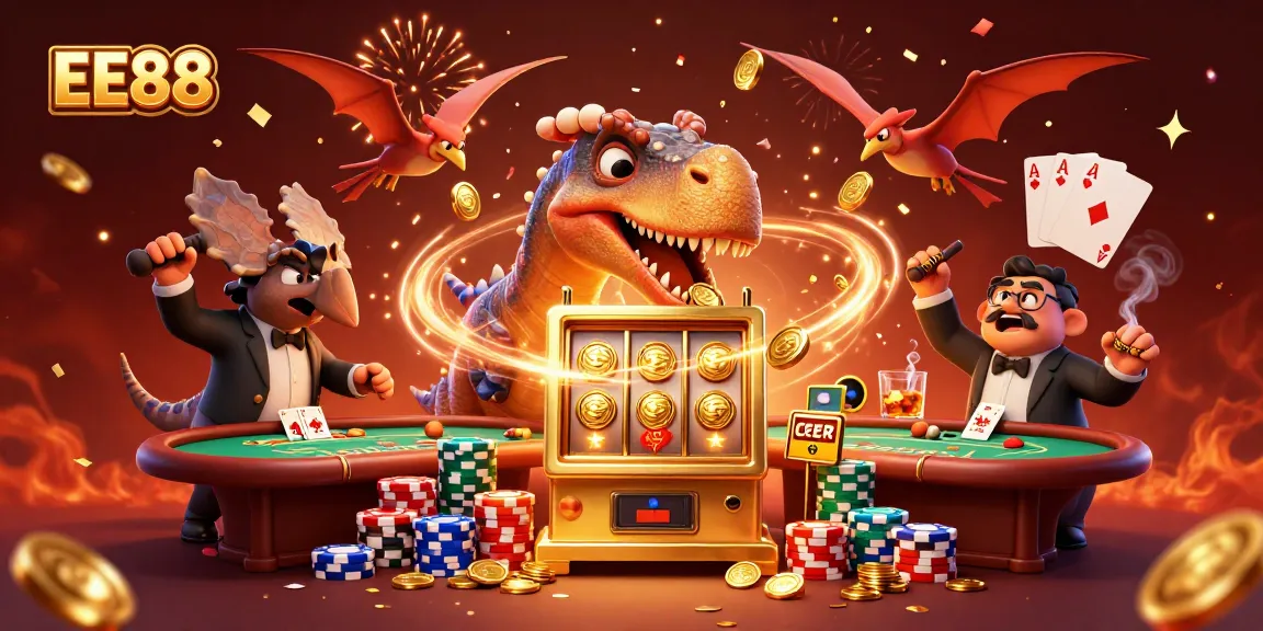 EE88 lands a jackpot as a pachycephalosaurus celebrates, surrounded by casino excitement and winnings.