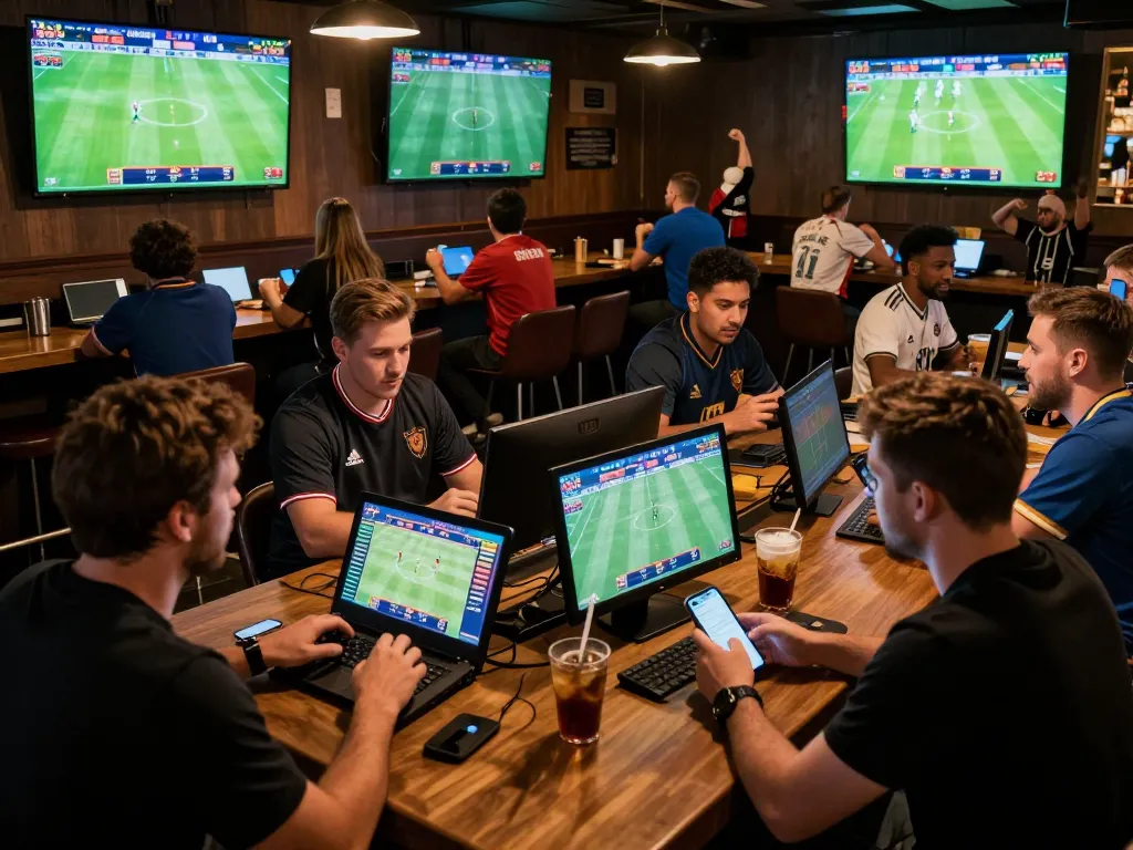 Engaging scene of bettors using mobile devices for soi kèo bóng đá, showcasing live match interactions and vibrant sports atmosphere