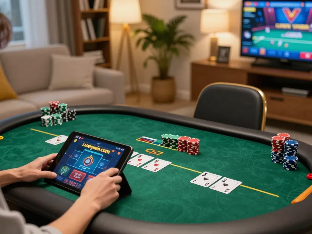 Engaged player using luckywin com tablet for exciting online gaming at home