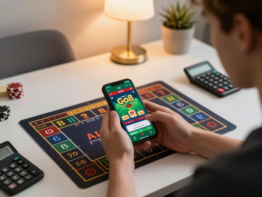 Player engaging with the Go8 casino app while planning gambling strategies at home.