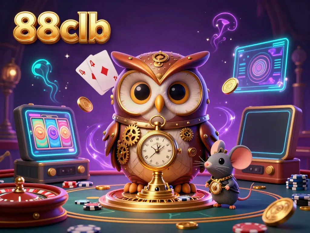 Engage with 88clb's vibrant casino world, featuring a steampunk owl and gaming elements.