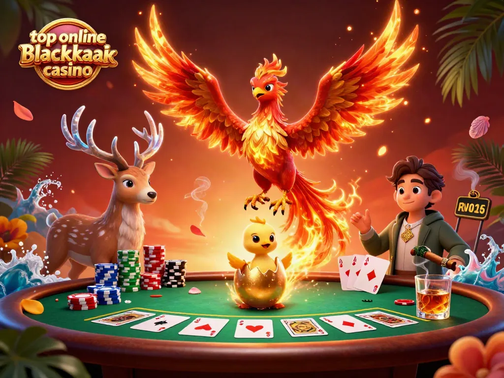 Play thrilling blackjack at the top online blackjack casino, illustrated with vibrant characters and game elements.
