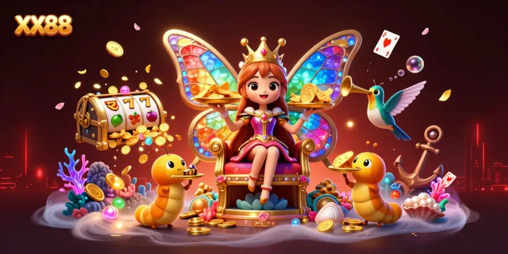 Engage in the vibrant world of XX88's gaming with an enchanting butterfly queen amid slots and treasures.