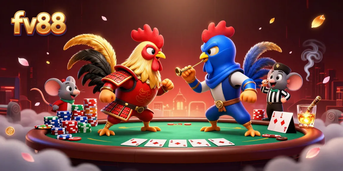 Experience the thrilling showdown between roosters in fv88's dynamic gambling scene.