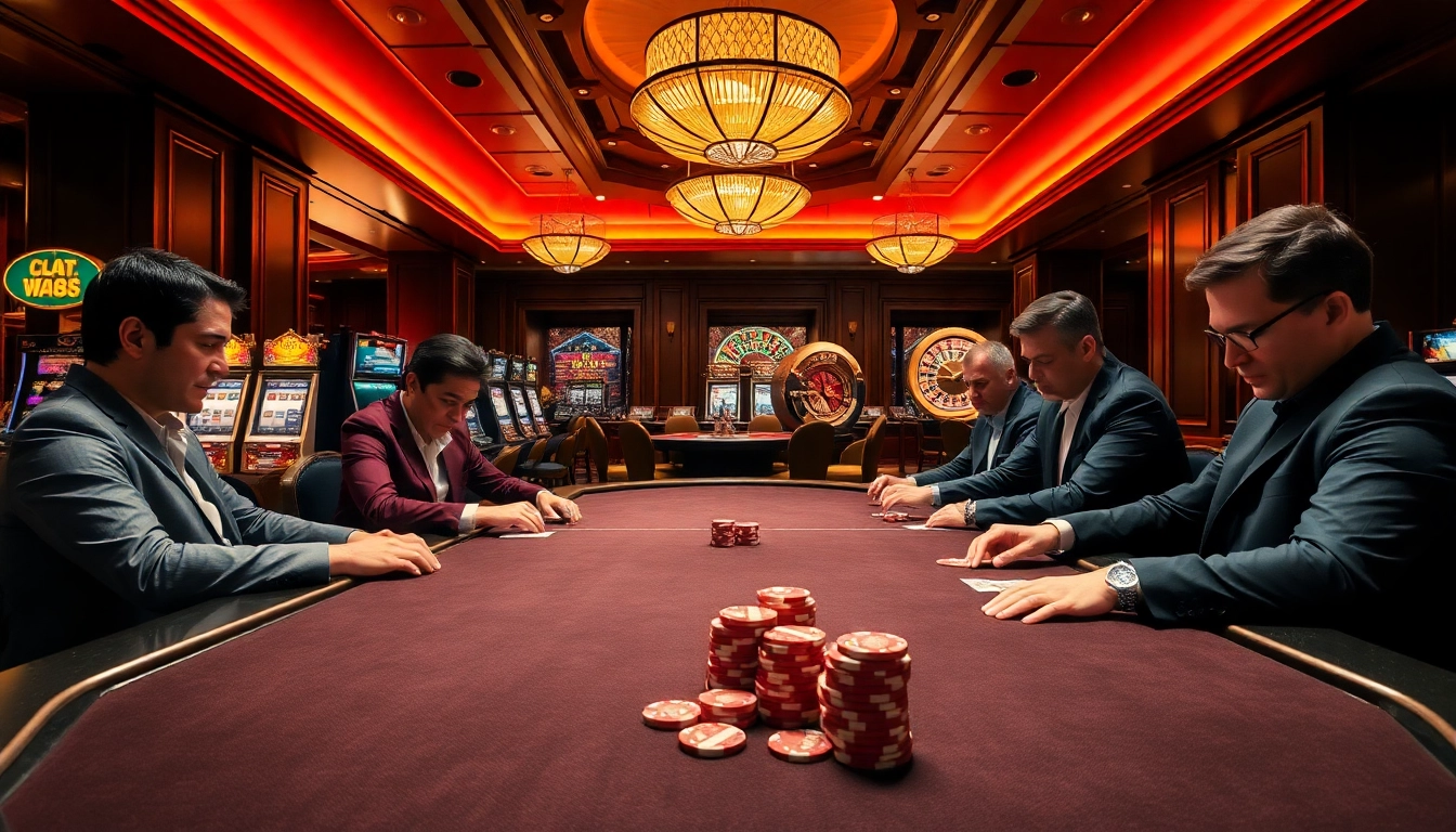 Players strategizing at a luxurious CM88 poker table in a vibrant casino atmosphere.