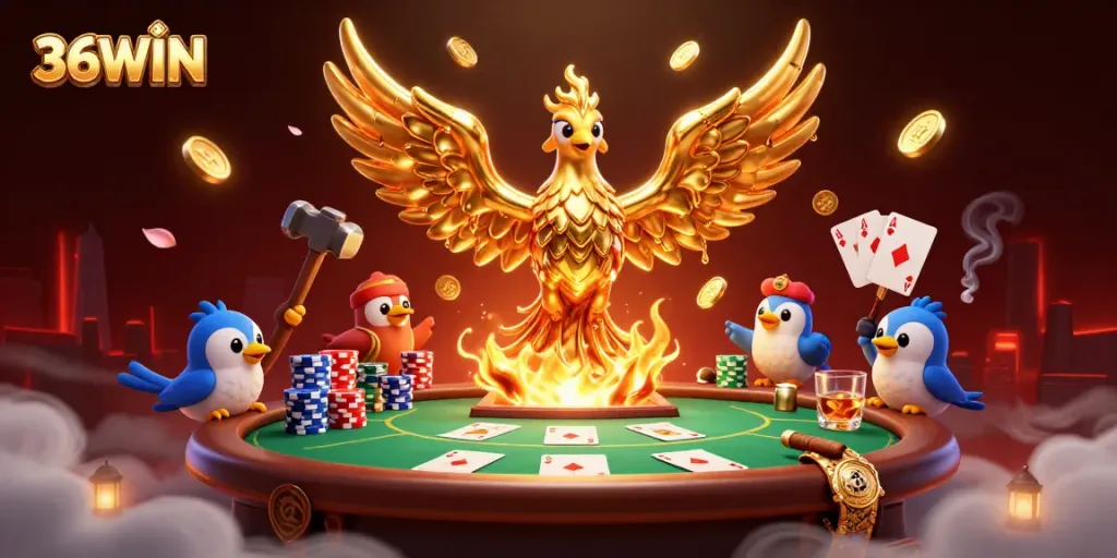 Experience the thrill of 36WIN, featuring a molten phoenix and dynamic poker scene.