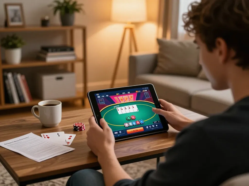 Player engaging in poker strategy using a tablet, showcasing 789 gaming excitement at home.