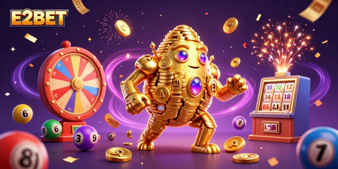 E2BET brings excitement with vibrant lottery elements and a majestic golden golem illustration.