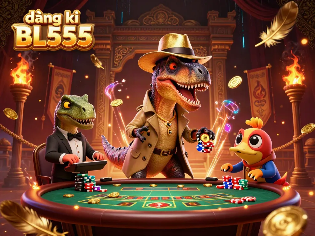 Engage with thrilling gameplay at đăng kí BL555 with a cartoon velociraptor card counter and colorful casino elements.