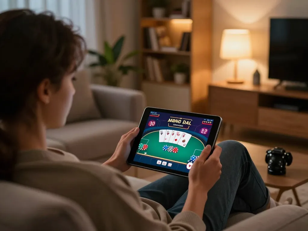 Engaging in online gambling on a tablet, tải F168 app showcased with poker game interface