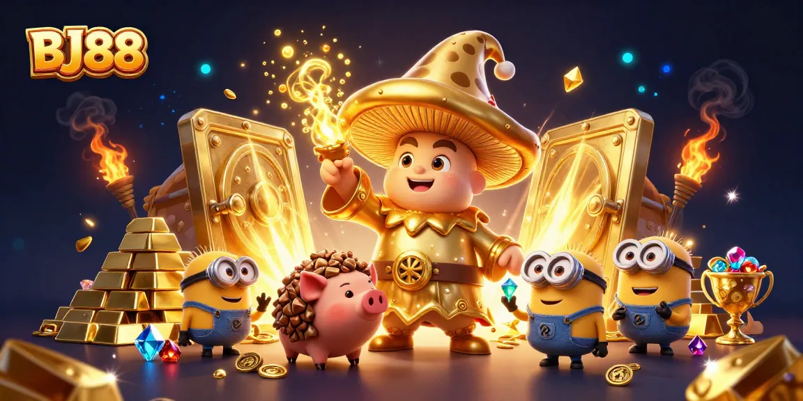 BJ88 transforms gaming with magical gold treasures and vibrant characters in a colorful 3D casino scene.