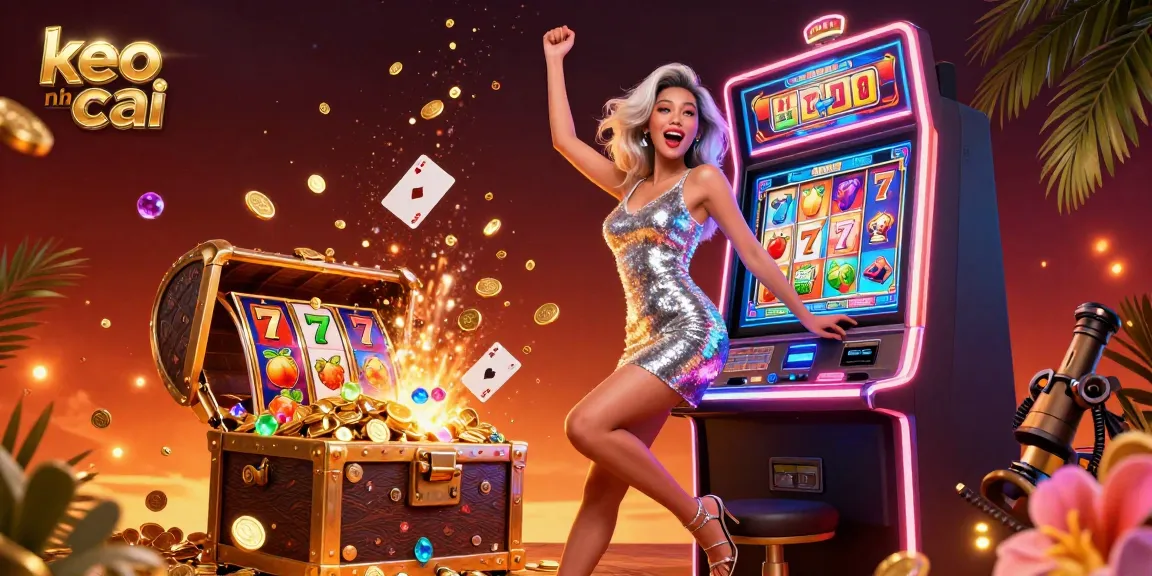 Engage with keo nha cai at an exciting slot machine scene celebrating a jackpot win under neon lights.
