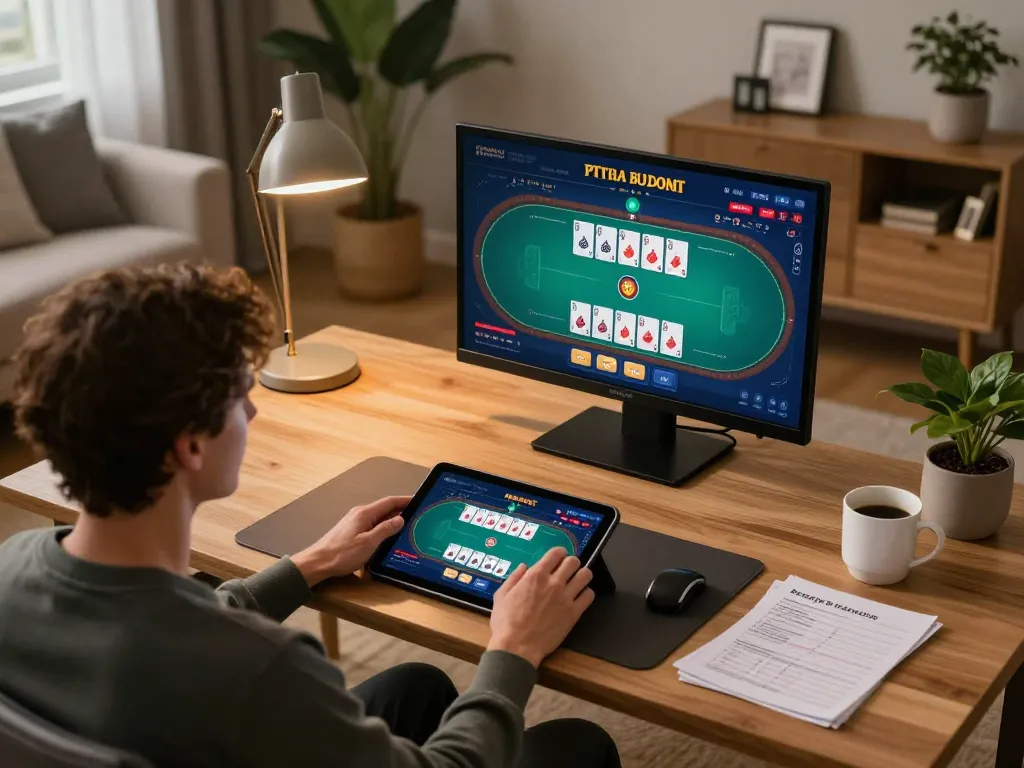 Engaging in strategic gameplay on zo win using a tablet in a cozy home office setting