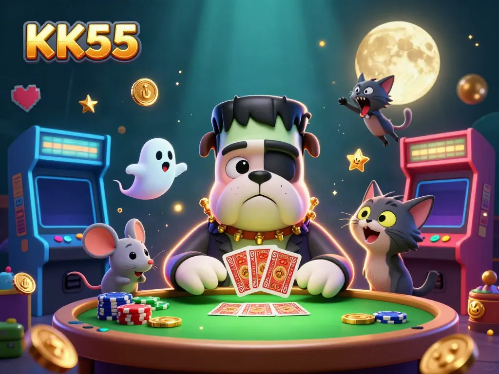 Experience thrilling card gameplay at KK55 with whimsical casino characters and vibrant game elements.