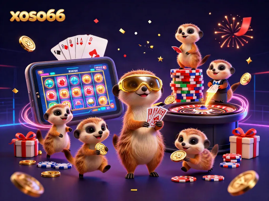 Xoso66 showcases an exciting meerkat casino scene, with engaging slot games and vibrant action.