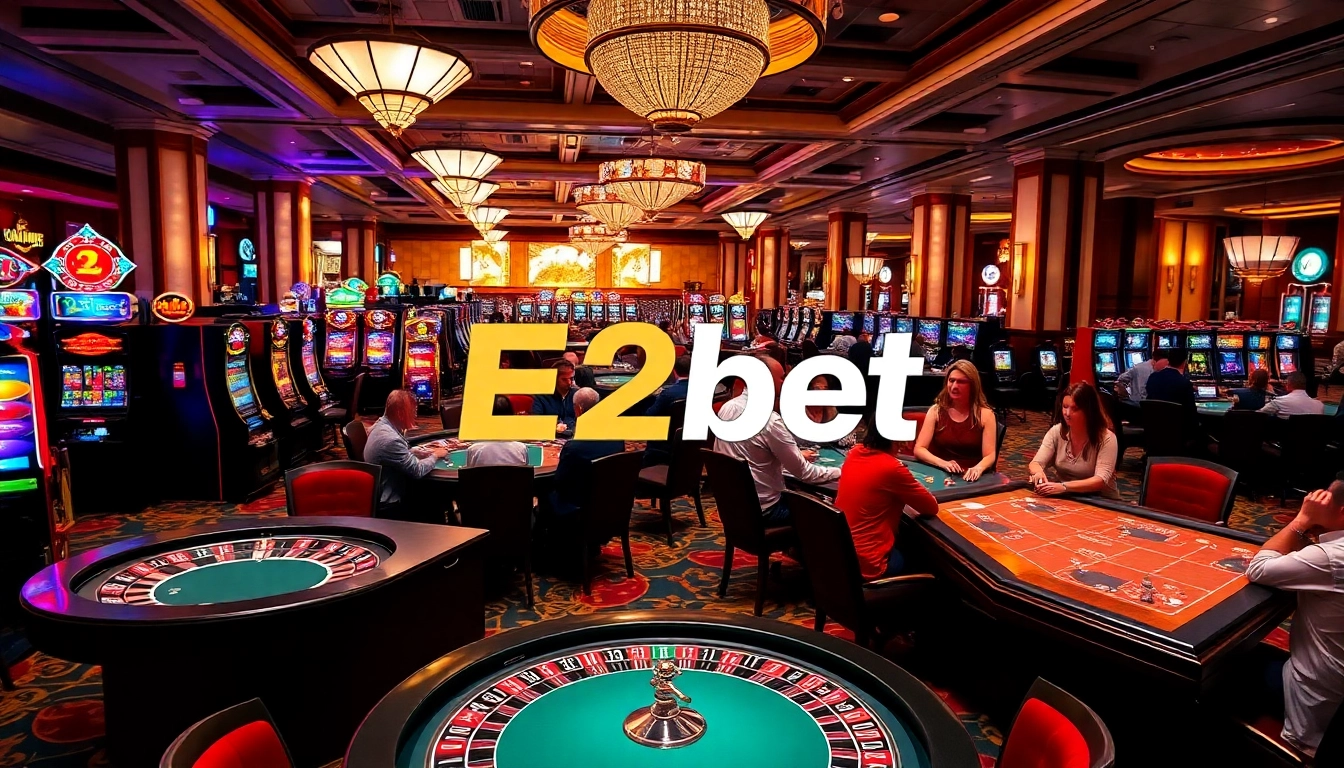 An engaging casino scene with E2bet logo, capturing players' excitement at slot machines and poker tables.