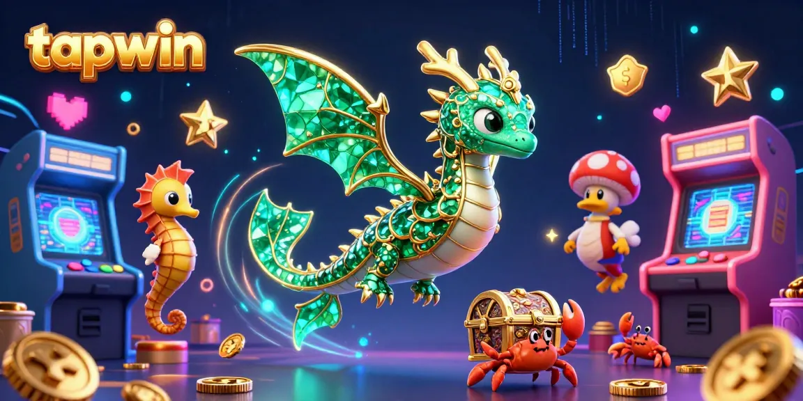 Join tapwin's vibrant casino fun with a mythical sea dragon and treasure chest amidst arcade game delights.