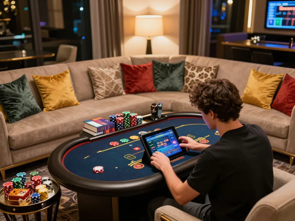 Engaged player betting on 789Win with a tablet in a stylish home setting, focused on live dealer games.