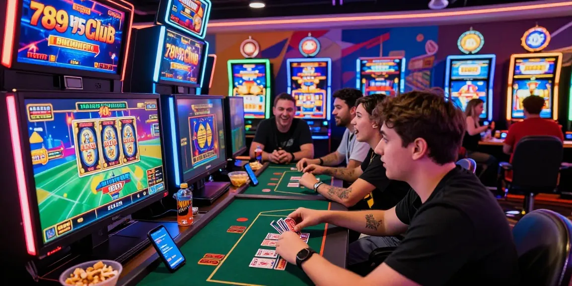 Engaging scene of gamers enjoying various games at https://7899club.com/ under neon lights, showcasing excitement and community.