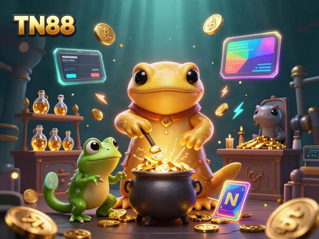 Experience the magic of TN88 with captivating 3D casino scenes showcasing gold alchemy and crypto elements.