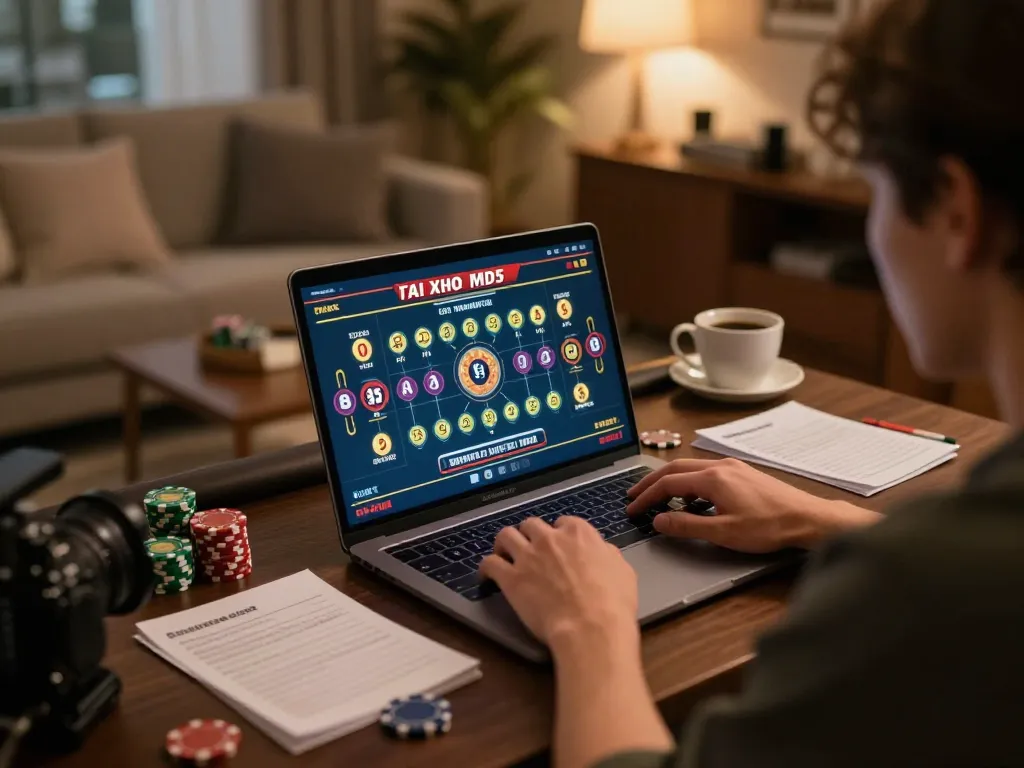 Person engaged in a home gaming session of tai xiu md5 with strategic betting notes visible