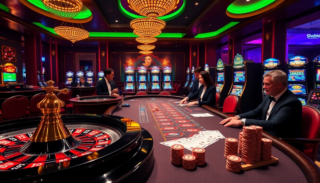 Experience the thrill of shbet with an engaging casino scene featuring roulette, poker, and vibrant slot machines.