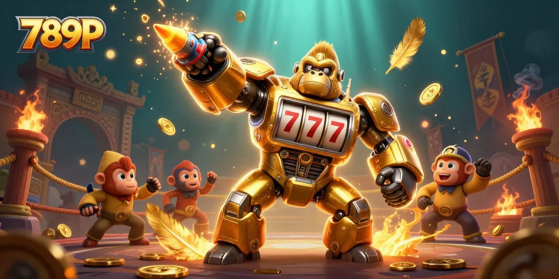 Experience the excitement with 789P's vibrant 3D illustration of a golden gorilla mech amidst casino elements.