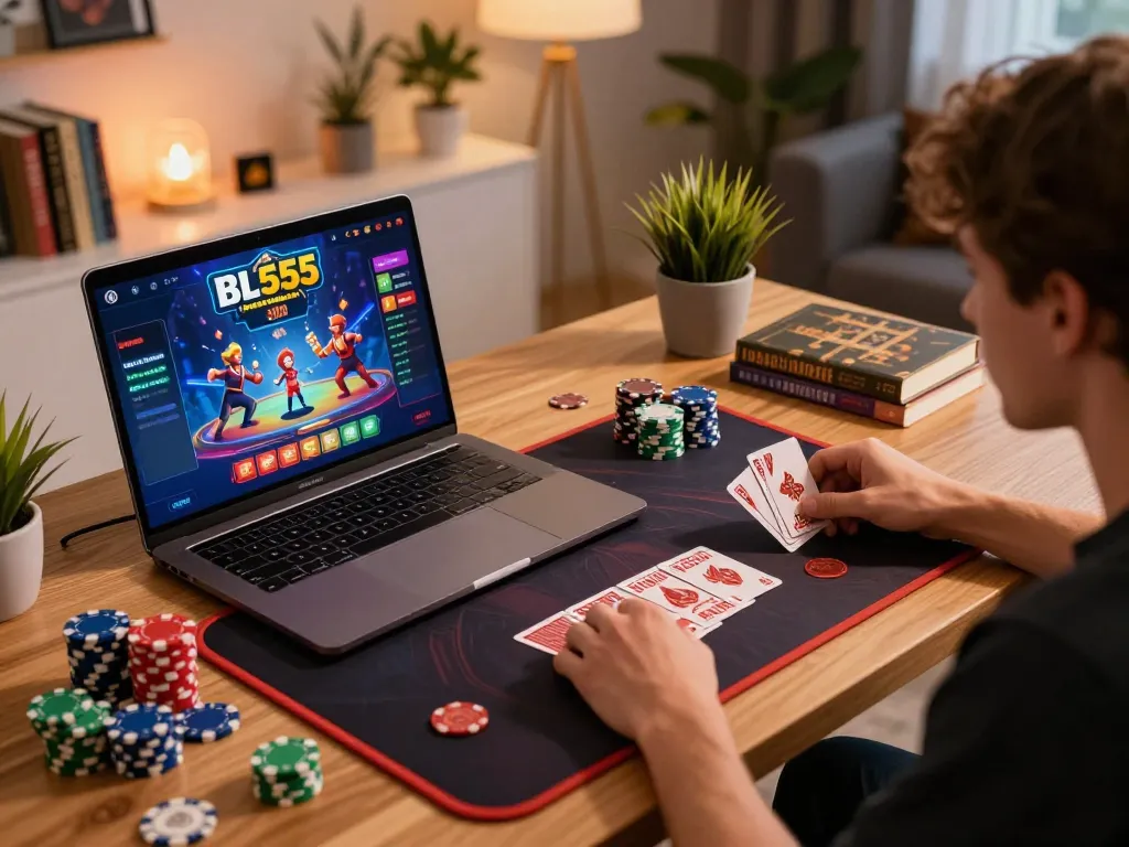 Player immersed in Bl555 casino online gaming on a stylish laptop, showcasing engaging casino gameplay.