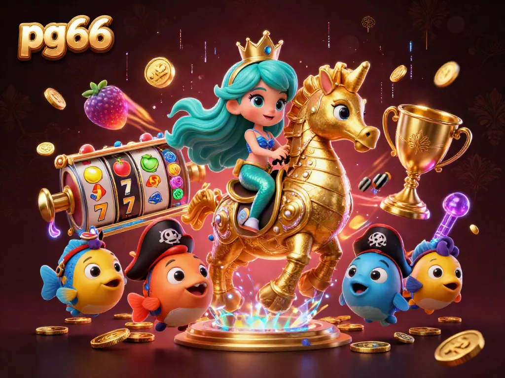 Win big with pg66's colorful casino adventure featuring a mermaid princess surrounded by thrilling slot symbols.
