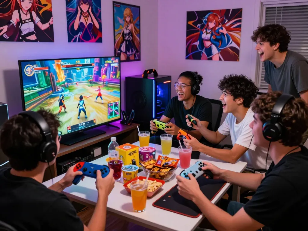 Engaged gamers enjoying vibrant hentai games in a lively social setting